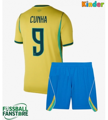 Brasilien Matheus Cunha #9 Replik Heimtrikot Kinder WM 2026 Kurzarm (+ Kurze Hosen)